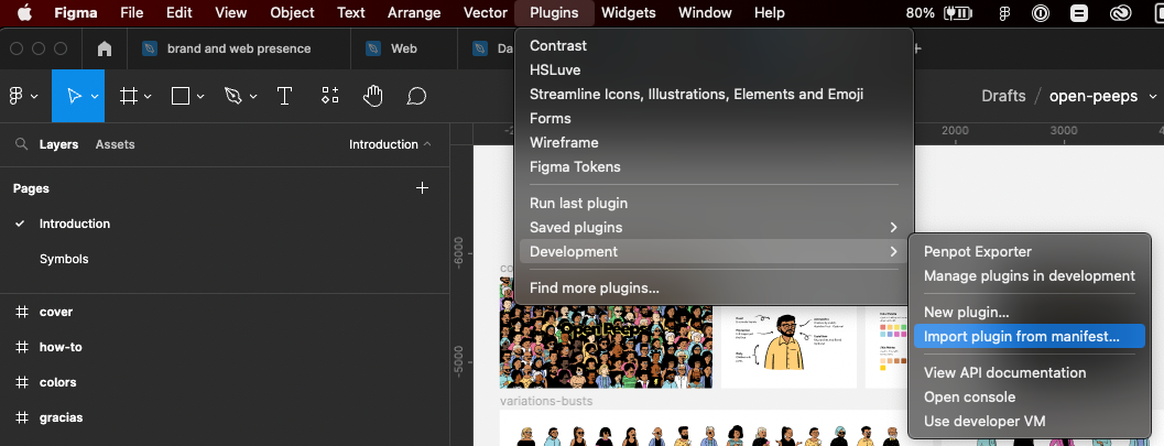 Screenshot of the Plugins > Development menus open showing the, "Import plugin from manifest" option.